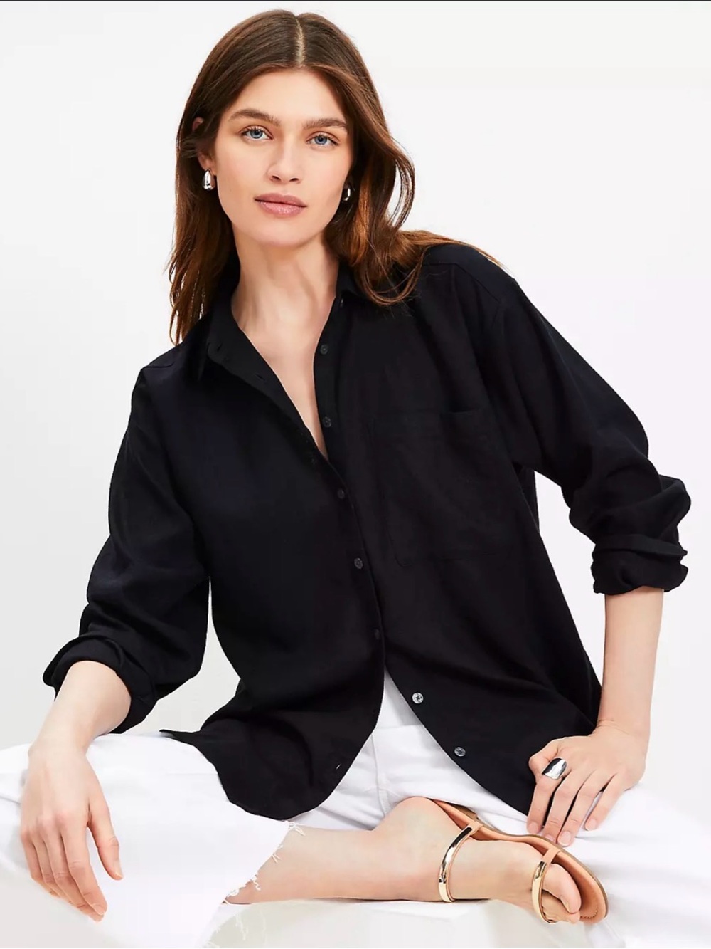 NWT LOFT Linen Blend Everyday Oversized Pocket Black Shirt Size XL